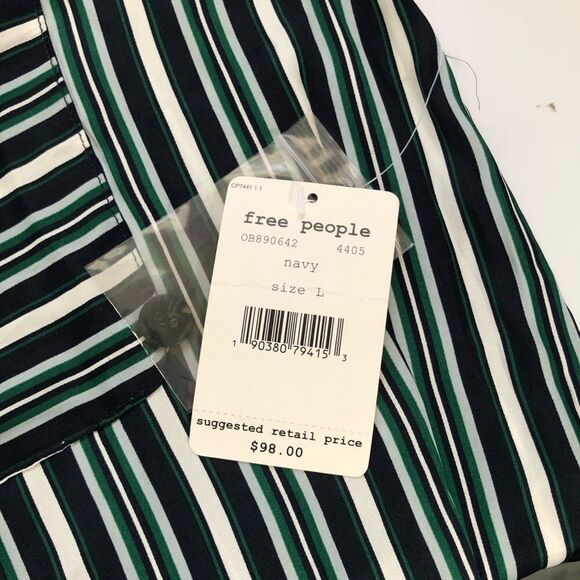 Free People Mad About You Striped Button-Up Long Sleeve Shirt Navy Large NWT - Picture 9 of 12